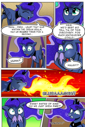 Size: 732x1091 | Tagged: safe, artist:candyclumsy, princess luna, alicorn, pony, comic:luna's cronenberg, g4, alicorn princess, book, canterlot, canterlot castle, comic, commissioner:bigonionbean, ethereal mane, female, fire, fire breath, hooves, horn, jewelry, laughing, magic, mare, panicking, puffy cheeks, reading, regalia, relieved, shocked, shocked expression, snorting, solo, steam, wings, writer:bigonionbean