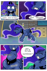 Size: 1800x2740 | Tagged: safe, artist:candyclumsy, princess luna, alicorn, pony, comic:luna's cronenberg, g4, alicorn princess, canterlot, canterlot castle, comic, commissioner:bigonionbean, ethereal mane, ethereal tail, female, gritted teeth, high res, hooves, horn, jewelry, magic, mare, panicking, pony to dragon, regalia, shocked, shocked expression, sweat, swelling, tail, transformation, transformation sequence, vein, vein bulge, wings, writer:bigonionbean