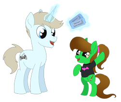 Size: 2048x1732 | Tagged: safe, artist:dyonys, oc, oc only, oc:astro velvet, oc:lucky brush, earth pony, pony, unicorn, batman, batmare, bipedal, brother and sister, clothes, duo, earth pony oc, female, filly, foal, freckles, full body, glowing, glowing horn, hooves, horn, looking at someone, magic, male, open mouth, open smile, ponytail, raised hoof, shirt, siblings, simple background, size difference, smiling, stallion, standing, t-shirt, tail, telekinesis, ticket, transparent background, unicorn oc