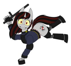 Size: 1924x1768 | Tagged: safe, artist:rorrek, oc, oc only, oc:blackjack, cyborg, pony, unicorn, fallout equestria, fallout equestria: project horizons, ammunition, baton, colored sclera, fanfic art, pinpoint eyes, playing card, prosthetics, red and black oc, shotgun shell, simple background, slasher smile, solo, transparent background, yellow sclera