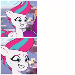 Size: 2160x2160 | Tagged: safe, edit, edited screencap, screencap, zipp storm, pegasus, pony, g5, my little pony: tell your tale, nightmare roommate, spoiler:g5, spoiler:my little pony: tell your tale, spoiler:tyts01e04, cropped, female, high res, mare, meme, offscreen character, reaction image, solo focus, sweat