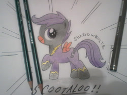 Size: 1024x768 | Tagged: safe, artist:rogerguerrero, scootaloo, pegasus, pony, g4, clothes, costume, female, filly, foal, looking offscreen, pencil, pencil drawing, raised hoof, shadowbolt scootaloo, shadowbolts costume, smiling, solo, text, traditional art, wings