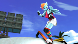 Size: 1920x1080 | Tagged: safe, artist:cyberothedge, rainbow dash, pegasus, anthro, g4, 3d, clothes, fingerless gloves, gloves, nexgen, roller skates, skate park, skating, skirt, solo, source filmmaker, spread wings, tank top, wings