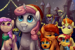 Size: 1274x854 | Tagged: safe, artist:jewellier, artist:lummh, derpy hooves, stellar flare, sunburst, sunset shimmer, sunspot (g4), pegasus, pony, unicorn, comic:the princess of love, g4, brother and sister, christmas, clothes, colt, colt sunburst, female, filly, filly sunset shimmer, flying, foal, grin, hat, holiday, horn, looking up, male, open mouth, open smile, raised hoof, santa hat, scarf, siblings, smiling, snow, snowfall, spread wings, sunny siblings, wings, winter, younger