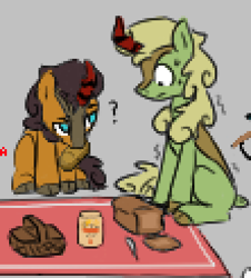 Size: 333x369 | Tagged: safe, artist:alexi148, forest fall, pumpkin smoke, kirin, g4, aggie.io, bread, duo, food, kirin beer, male, minecraft, picnic, picnic blanket, pixelated, question mark, shivering, sweat