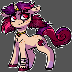 Size: 1036x1027 | Tagged: safe, artist:sexygoatgod, oc, oc only, oc:razor spice, pony, unicorn, bags under eyes, colored hooves, ear piercing, evil smile, female, filly, foal, grin, horn, horn jewelry, jewelry, necklace, offspring, parent:oc:banshee bye, parent:oc:candy crack, parents:oc x oc, piercing, pigtails, smiling, solo, unshorn fetlocks