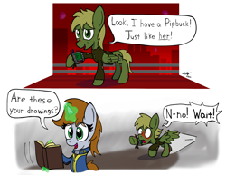 Size: 1799x1390 | Tagged: safe, artist:ebbysharp, oc, oc:littlepip, oc:murky, pegasus, pony, unicorn, fallout equestria, fallout equestria: murky number seven, 2 panel comic, blushing, book, city, clothes, comic, damaged, duo, eye clipping through hair, fanfic art, folded wings, horn, jumpsuit, magic, outdoors, pegasus oc, pipbuck, spread wings, telekinesis, unicorn oc, vault suit, wings