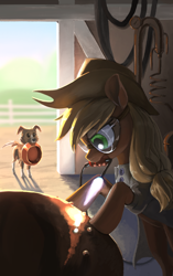 Size: 1838x2925 | Tagged: safe, artist:nadnerbd, applejack, winona, dog, earth pony, pony, fanfic:contraptionology!, g4, barn, blowtorch, bowl, cowboy hat, equipment, fanfic art, focused, goggles, hat, high res, mouth hold, safety goggles, stetson, working