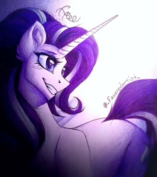 Size: 906x1024 | Tagged: safe, artist:favoredartist, starlight glimmer, pony, unicorn, g4, female, gradient background, grin, horn, looking back, mare, signature, smiling, solo, traditional art