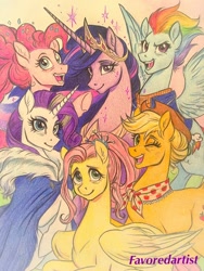 Size: 768x1024 | Tagged: safe, artist:favoredartist, applejack, fluttershy, pinkie pie, rainbow dash, rarity, twilight sparkle, alicorn, earth pony, pegasus, pony, unicorn, the last problem, applejack's hat, cape, clothes, cowboy hat, crown, female, granny smith's shawl, group, hat, horn, jewelry, lidded eyes, looking at you, mane six, mare, older, older applejack, older fluttershy, older mane six, older pinkie pie, older rainbow dash, older rarity, older twilight, one eye closed, open mouth, peytral, princess twilight 2.0, raised hoof, regalia, scarf, skunk stripe, smiling, sparkles, spread wings, twilight sparkle (alicorn), uniform, wings, wink, winking at you