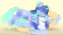 Size: 1300x729 | Tagged: safe, artist:higglytownhero, oc, oc only, oc:asteria, oc:blue skies, pegasus, pony, unicorn, artificial wings, augmented, blushing, clothes, commission, ethereal mane, eye clipping through hair, female, female on male, femdom, heart, lidded eyes, looking at each other, looking at someone, magic, magic wings, male, malesub, mare, mare on stallion, simple background, stallion, starry mane, straight, submissive, transparent wings, wings, yellow background
