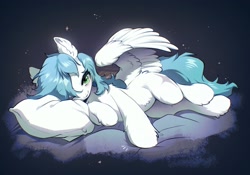 Size: 2048x1431 | Tagged: safe, artist:swaybat, oc, oc only, oc:cynosura, pegasus, pony, g4, bed, ear fluff, female, fluffy, green eyes, hoof fluff, leg fluff, looking at you, lying down, mare, on side, partially open wings, pillow, solo, spread wings, white coat, wing fluff, wings