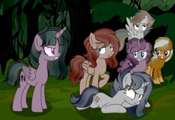 Size: 1280x880 | Tagged: safe, artist:picturewithsound, oc, oc only, oc:cloudy crystal, oc:diluted rainbow, oc:forest magic, oc:shyblossom, oc:sweet party, oc:trendy star, alicorn, earth pony, pegasus, pony, unicorn, angry, base used, everfree forest, female, forest, gritted teeth, lidded eyes, magical lesbian spawn, mare, next generation, offspring, parent:applejack, parent:big macintosh, parent:dumbbell, parent:fluttershy, parent:pinkie pie, parent:rainbow dash, parent:rarity, parent:sugar belle, parent:thunderlane, parent:timber spruce, parent:trenderhoof, parent:twilight sparkle, parents:dumbdash, parents:fluttermac, parents:rarilane, parents:sugarpie, parents:timbertwi, parents:trenderjack, smiling