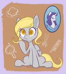 Size: 1869x2098 | Tagged: safe, artist:noupu, derpy hooves, rarity, pegasus, pony, g4, alternate hairstyle, brown background, colored pupils, comb, cute, derpabetes, female, food, hand mirror, mare, muffin, scissors, simple background, sitting, solo, thought bubble