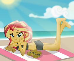 Size: 1024x839 | Tagged: safe, artist:emeraldblast63, sunset shimmer, equestria girls, equestria girls specials, g4, my little pony equestria girls: better together, my little pony equestria girls: forgotten friendship, ass, bare shoulders, barefoot, beach towel, breasts, bunset shimmer, busty sunset shimmer, butt, clothes, feet, female, sandals, shoes removed, sleeveless, solo, sunset shimmer's beach shorts swimsuit, swimsuit, the pose
