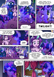 Size: 1204x1700 | Tagged: safe, artist:tarkron, spike, starlight glimmer, storm king, tantabus, tempest shadow, trixie, twilight sparkle, bear, pony, storm creature, unicorn, ursa, ursa minor, yeti, comic:shadows of the past (tarkron), series:creature-verse, g4, my little pony: the movie, bearified, broken horn, cape, clothes, collar, comic, commission, growth, hat, horn, indoors, post traumatic stress disorder, ptsd, scar, size difference, species swap, speech bubble, spoon, tantabus sparkle, tantabusified, trixie's cape, trixie's hat, twilight's castle, ursa trixie