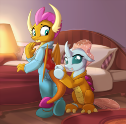 Size: 1827x1800 | Tagged: safe, artist:sirzi, ocellus, smolder, changedling, changeling, dragon, bed, clothes, commission, costume, cute, cute little fangs, diaocelles, dragoness, duo, duo female, fangs, female, footed sleeper, footie pajamas, kigurumi, onesie, pajamas, sleepover, smolderbetes, sweet dreams fuel, tongue out, weapons-grade cute