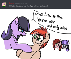 Size: 1745x1462 | Tagged: safe, artist:bumpywish, oc, oc only, oc:dizzy fang, oc:gradient mango, oc:secura fang, oc:spira fang, bat pony, earth pony, pony, bat pony oc, bedroom eyes, dialogue, digital art, glasses, speech bubble, talking, text, unamused