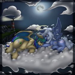 Size: 2500x2500 | Tagged: safe, artist:tai kai, oc, oc only, oc:comfy pillow, angel, comforting, crying, female, halo, high res, in memoriam, moon, rest in peace, sad, tribute