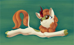 Size: 3938x2408 | Tagged: safe, artist:dusthiel, autumn blaze, kirin, g4, :3, awwtumn blaze, behaving like a cat, belly, chest fluff, cute, female, green background, high res, leg fluff, lying down, on side, simple background, slender, solo, thin