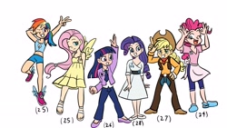 Size: 3840x2160 | Tagged: safe, artist:trinityinyang, applejack, fluttershy, pinkie pie, rainbow dash, rarity, twilight sparkle, human, g4, applejack's hat, apron, belt, chaps, chubby, clothes, cowboy hat, curvy, diverse body types, dress, feet, female, flats, hat, high res, hourglass figure, humanized, jeans, mane six, one eye closed, pants, sandals, shirt, shoes, shorts, simple background, slender, sports bra, sports shorts, thin, white background, winged humanization, wings, wink