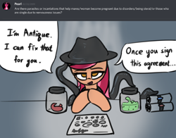 Size: 1978x1553 | Tagged: safe, artist:bumpywish, oc, oc only, oc:antique, earth pony, pony, bedroom eyes, dialogue, digital art, female, hat, looking at you, open mouth, parasite, solo, speech bubble, talking, tentacles, text, this will end in pregnancy