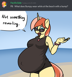 Size: 1819x1937 | Tagged: safe, artist:bumpywish, oc, oc only, oc:bumpy wish, unicorn, anthro, beach, belly, big belly, breasts, clothes, dialogue, digital art, female, horn, one-piece swimsuit, pregnant, solo, speech bubble, sunglasses, swimsuit, tail, talking, text, thighs