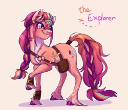 Size: 1280x1108 | Tagged: safe, artist:notsosmartsmarty, sunny starscout, earth pony, pony, g5, spoiler:g5, body markings, braid, braided tail, chest fluff, colored, colored hooves, concept, concept art, design, goggles, goggles on head, looking away, looking up, multicolored mane, multicolored tail, pale belly, redesign, satchel, shading, shadow, simple background, smiling, solo, tail, unshorn fetlocks, vambrace, wrist cuffs