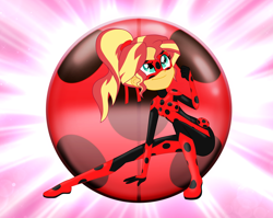 Size: 1884x1500 | Tagged: safe, artist:machakar52, sunset shimmer, equestria girls, g4, adrien agreste, alternate hairstyle, barely eqg related, bodysuit, clothes, cosplay, costume, crossover, female, mask, miraculous ladybug, mister bug, ponytail, shoes, solo