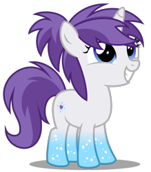 Size: 2760x3150 | Tagged: safe, artist:strategypony, oc, oc only, oc:indigo wire, pony, unicorn, coat markings, cute, female, filly, foal, high res, horn, looking up, ocbetes, ponytail, simple background, smiling, socks (coat markings), solo, transparent background, weapons-grade cute, younger
