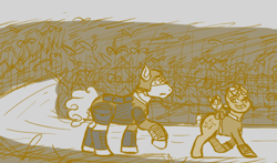 Size: 800x470 | Tagged: safe, artist:hiddenfaithy, oc, oc only, oc:flare, oc:misty sparks, unnamed oc, pony, fallout equestria, fallout equestria: uncertain ties, clothes, corn, female, field, foal, food, jumpsuit, monochrome, mother and child, mother and daughter, pipbuck, security guard, sketch, vault security armor, vault suit