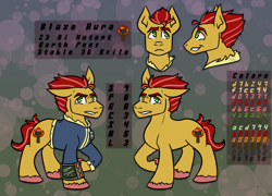 Size: 1647x1184 | Tagged: safe, artist:hiddenfaithy, oc, oc only, oc:blaze aura, earth pony, pony, fallout equestria, fallout equestria: uncertain ties, clothes, fanfic art, jumpsuit, male, mutant, pipbuck, redraw, reference sheet, solo, stallion, vault suit
