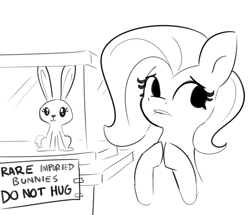 Size: 3489x3000 | Tagged: safe, artist:tjpones, fluttershy, pegasus, pony, rabbit, g4, animal, black and white, female, grayscale, high res, hooves together, lip bite, mare, monochrome, not angel bunny, sign, simple background, solo, this will end in jail time, white background