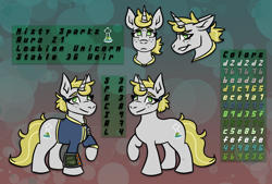 Size: 1434x972 | Tagged: safe, artist:hiddenfaithy, oc, oc only, oc:misty sparks, pony, unicorn, fallout equestria, fallout equestria: uncertain ties, clothes, fanfic art, female, jumpsuit, lesbian, pipbuck, redraw, reference sheet, vault suit