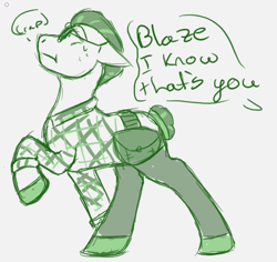 Size: 803x757 | Tagged: safe, artist:hiddenfaithy, oc, oc only, oc:blaze aura, earth pony, pony, fallout equestria, fallout equestria: uncertain ties, clothes, ears back, fanfic art, glasses, monochrome, offscreen character, sketch, speech bubble, text