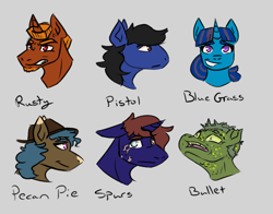Size: 1150x900 | Tagged: safe, artist:hiddenfaihy, oc, oc only, oc:blue grass, oc:bullet, oc:peacan pie, oc:pistol, oc:rusty, oc:spurs, earth pony, pony, unicorn, fallout equestria, fallout equestria: uncertain ties, blind, coat markings, fanfic art, hat, simple background, sketch, text, yellow eyes