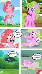 Size: 949x1645 | Tagged: safe, edit, edited screencap, screencap, daisy, flower wishes, lily, lily valley, roseluck, windy, earth pony, pegasus, pony, applebuck season, g4, g5, my little pony: tell your tale, the super speedy cider squeezy 6000, zipp's flight school, spoiler:g5, spoiler:my little pony: tell your tale, spoiler:tyts01e02, apocalypse now, bipedal, female, mare, scared, text, the horror
