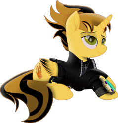 Size: 6967x7302 | Tagged: safe, artist:php178, oc, oc:killer epic, alicorn, pony, fallout equestria, my little pony: the movie, .svg available, alicorn oc, belt, bomber jacket, clothes, colored pupils, colored wings, cowlick, crossed legs, fallout equestria oc, fire, folded wings, gold pipbuck 3000, gradient wings, gun, handgun, heart, hoof heart, horn, inkscape, jacket, leather jacket, lincoln brewster, looking up, lying down, male, male alicorn oc, movie accurate, pipbuck, pipbuck 3000, pistol, pocket, ponified, profile picture, prone, security, simple background, sitting, smiling, solo, stallion, svg, tail, tail around leg, transparent background, two toned mane, two toned tail, vector, weapon, wings, zipper