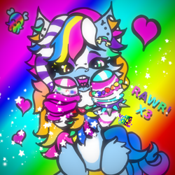Size: 2000x2000 | Tagged: safe, artist:umbrapone, oc, oc only, :o, abstract background, all the colours!, black sclera, bracelet, cheek fluff, chest fluff, clothes, colored hooves, ear fluff, ear piercing, green eyes, hairpin, heart, jewelry, leg warmers, long mane, long tail, multicolored hair, muzzle piercing, needs more saturation, nose piercing, nose ring, open mouth, pansexual pride flag, piercing, pride, pride flag, rainbow, rainbow background, rainbow hair, rawr, scene kid, skull, solo, sparkle pony, sparkles, spiked wristband, striped mane, stripes, tail, teeth, wall of tags, white belly, wristband, x3, yellow eyes