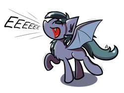 Size: 4000x3000 | Tagged: safe, artist:professionalpuppy, oc, oc only, oc:scrimmy, bat pony, pony, bat pony oc, bat wings, chest fluff, ear fluff, eeee, eye clipping through hair, fangs, full body, gray coat, male, open mouth, raised hoof, shadow, shiny, simple background, skree, solo, spread wings, stallion, transparent background, wings