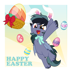 Size: 5000x5000 | Tagged: safe, artist:jhayarr23, oc, oc only, oc:scrimmy, bat pony, pony, absurd resolution, basket, bat pony oc, bat wings, bow, bunny ears, chest fluff, commission, complex background, cute, easter, easter egg, fangs, fluffy, flying, heterochromia, holiday, ribbon, solo, spread wings, text, wings, ych result