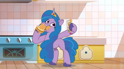 Size: 3410x1920 | Tagged: safe, screencap, izzy moonbow, pony, unicorn, g5, my little pony: tell your tale, nightmare roommate, spoiler:g5, spoiler:my little pony: tell your tale, spoiler:tyts01e04, bread, cellphone, eating, female, food, herbivore, high res, jewelry, mare, phone, puffy cheeks, selfie, smartphone, solo, tiara