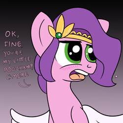 Size: 2000x2000 | Tagged: safe, artist:dafiltafish, pipp petals, pegasus, pony, g5, blushing, dialogue, female, frown, gradient background, high res, looking away, mare, meme, my little pogchamp, open mouth, pogchamp, request, solo, speech bubble, talking, tsundere