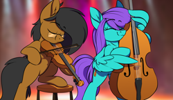 Size: 1666x966 | Tagged: safe, artist:notetaker, oc, oc only, oc:notetaker, oc:swing time, earth pony, pegasus, pony, bipedal, blurry background, double bass, duo, musical instrument, stool, viola, wing hands, wings