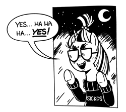 Size: 829x738 | Tagged: safe, artist:mellodillo, moondancer, pony, unicorn, g4, against glass, black and white, crescent moon, female, glass, grayscale, mare, meme, monochrome, moon, ponified meme, reaction image, sicko, sickos, solo, speech bubble, the onion, underhoof, window