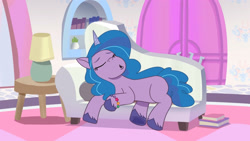 Size: 3410x1920 | Tagged: safe, screencap, izzy moonbow, pony, unicorn, g5, my little pony: tell your tale, nightmare roommate, spoiler:g5, spoiler:my little pony: tell your tale, spoiler:tyts01e04, :o, couch, eyes closed, female, high res, mare, open mouth, sleeping, snoring, solo