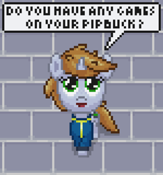 Size: 450x480 | Tagged: safe, artist:nitobit, oc, oc only, oc:littlepip, pony, unicorn, fallout equestria, dialogue, female, filly, filly littlepip, foal, looking at you, pixel art, solo