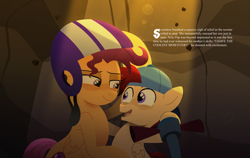 Size: 7113x4500 | Tagged: safe, artist:bearmation, scootaloo, oc, oc:axle flip, pegasus, pony, g4, colt, duo, female, foal, helmet, looking at each other, looking at someone, male, mare, mother and child, mother and son, offspring, older, older scootaloo, open mouth, open smile, parent:scootaloo, scooter, smiling, text