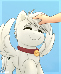 Size: 2000x2400 | Tagged: safe, artist:rivin177, oc, oc:bolt the super pony, pegasus, pony, bolt, collar, commission, head pat, high res, pat, patting, pet, ponified, raised hoof, simple background, solo, your character here