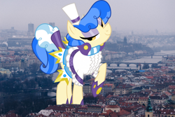 Size: 1600x1067 | Tagged: safe, artist:dashiesparkle, artist:thegiantponyfan, sapphire shores, earth pony, pony, g4, czech republic, female, giant pony, giant sapphire shores, giant/macro earth pony, giantess, highrise ponies, irl, looking at you, macro, mega giant, photo, ponies in real life, prague, raised hoof, smiling